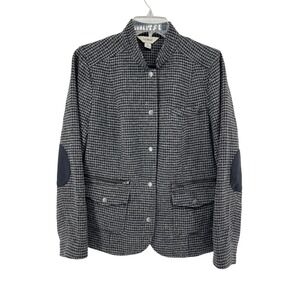 LL Bean Wool Silk Blend Houndstooth Field Jacket Elbow Patches Gray M black gray